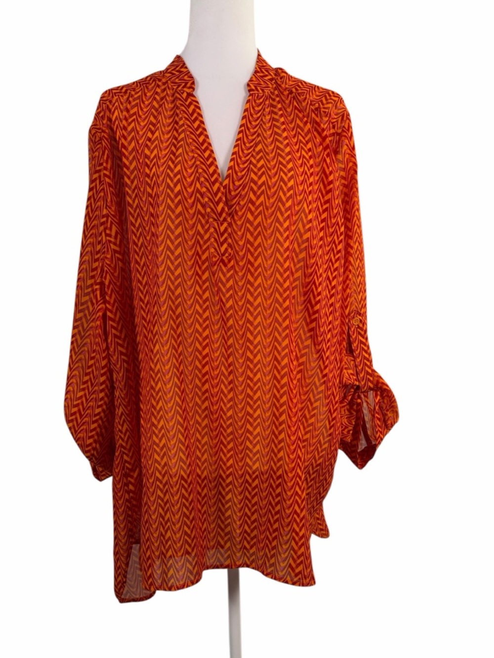 Tacera Chevron Tunic Blouse Orange Red Zig Zag Print V-Neck Plus Size 2X Boho